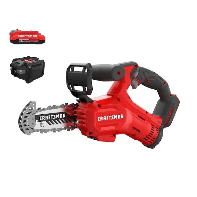 Craftsman V20 20 volt 6 inch cordless handheld chainsaw with battery and charger included on a white background.