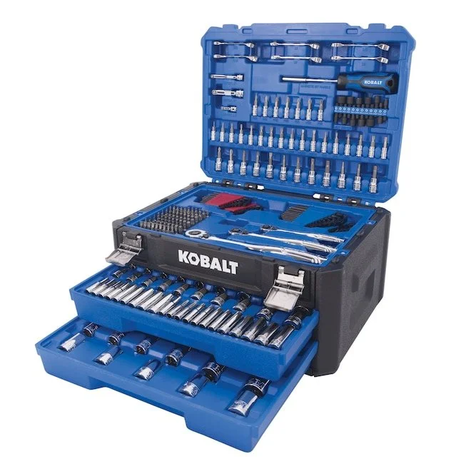 Kobalt 302 piece metric and SAE mechanics tool set with 1/4 in., 3/8 in., and 1/2 in. drive sockets, three 90 tooth ratchets, wrenches, hex keys, and 2 drawer blow molded hard case
