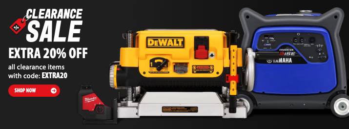A wide selection of professional power tools and accessories on a clearance shelf with a 20% off promotional banner.