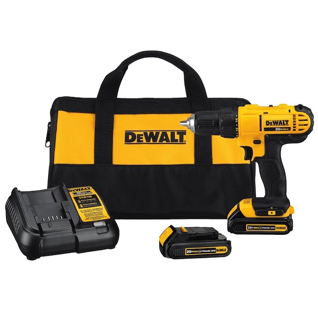 DEWALT 20V MAX cordless 1/2 inch drill driver kit with two batteries, charger, and yellow contractor bag on a white background.