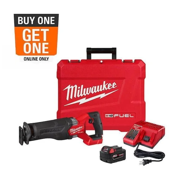 Milwaukee M18 FUEL 18V cordless SAWZALL reciprocating saw kit with 5.0 Ah battery charger and hard case.