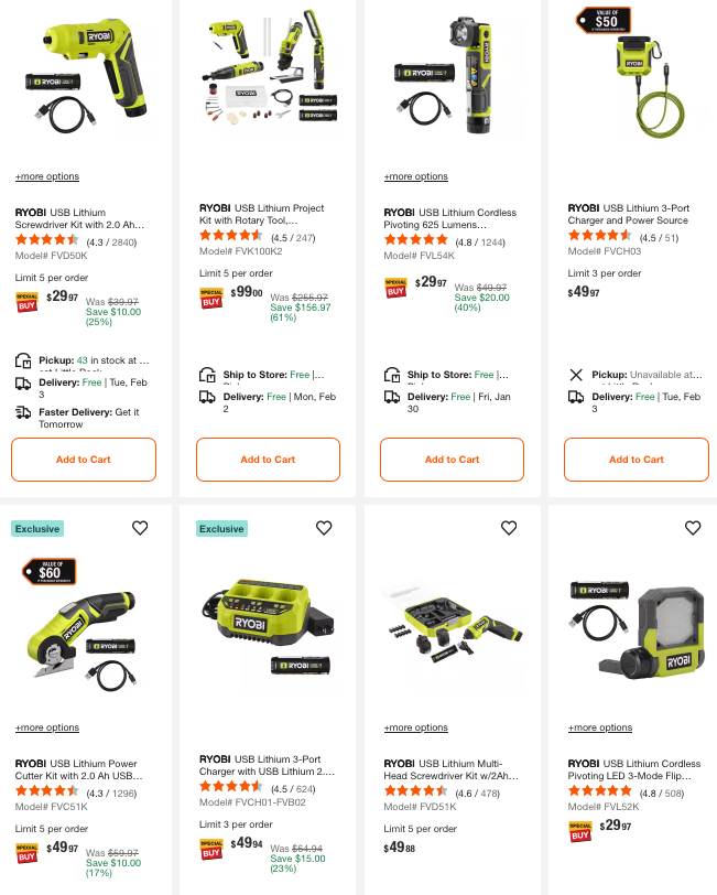 Save up to 44% on RYOBI USB Lithium Kits Deal