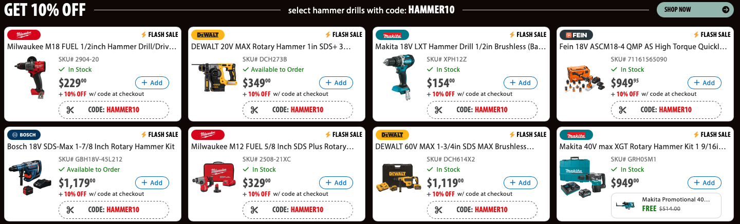 Today Only Save 10% on Milwaukee, Makita, DEWALT and More Hammer Drills