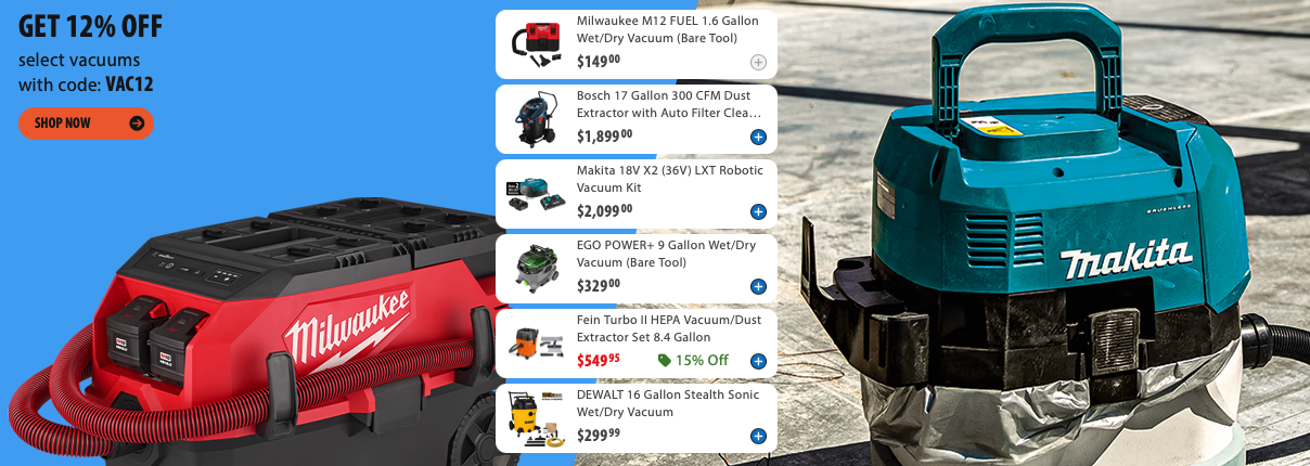 Today Only Save 12% on Milwaukee, Makita, DeWalt and more Vacuums