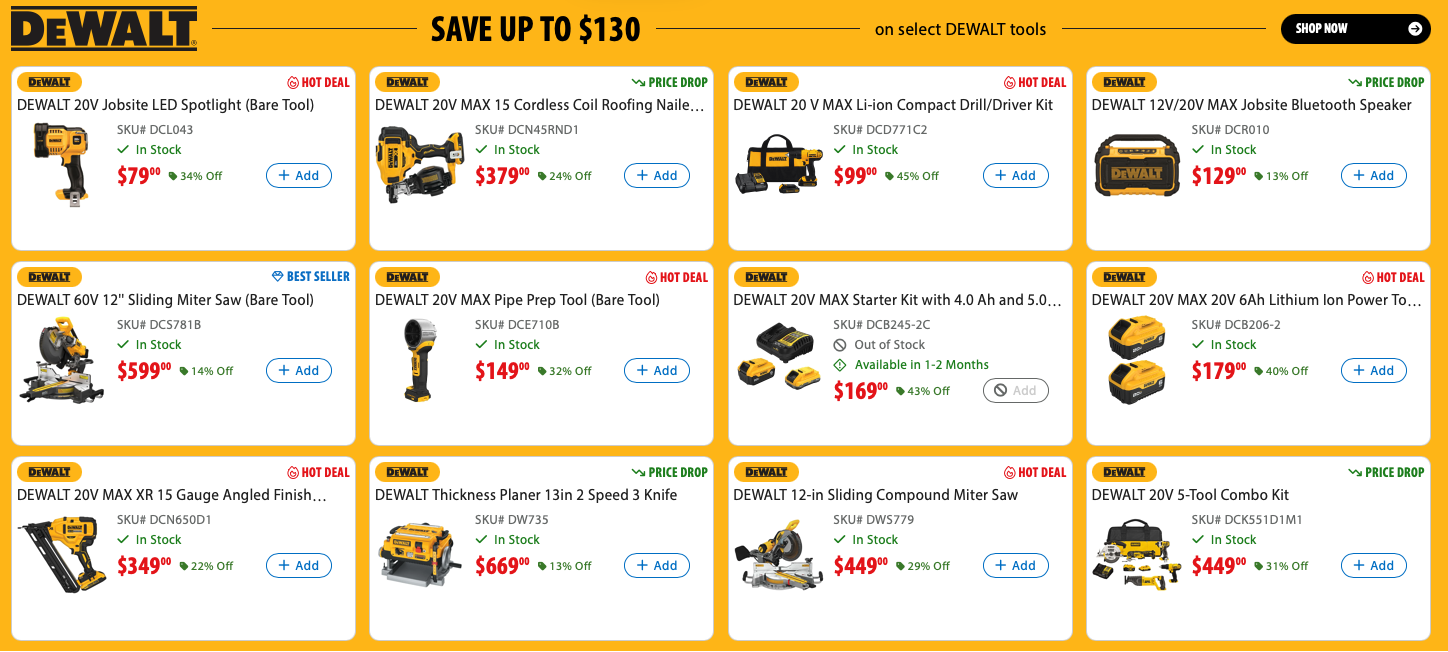 Save up to $130 on Professional DeWalt Tools