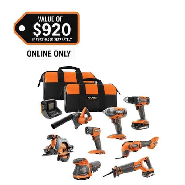 Today Only RIDGID 8 Tool Combo $424 Save $175 Deal