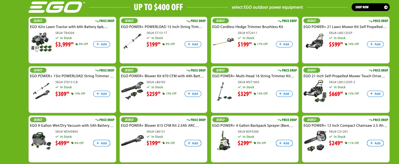 Save up to $400 on EGO Outdoor Power Equipment