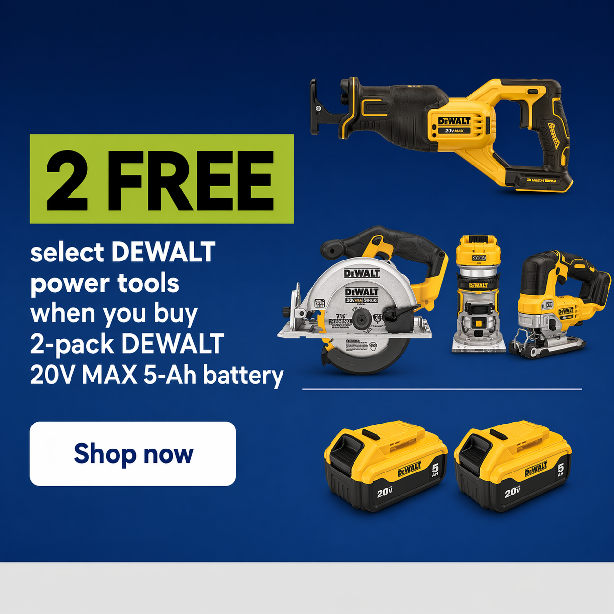 Save $398 on DEWALT 20V 2 Pack 5Ah Batteries Plus 2 Free Tools