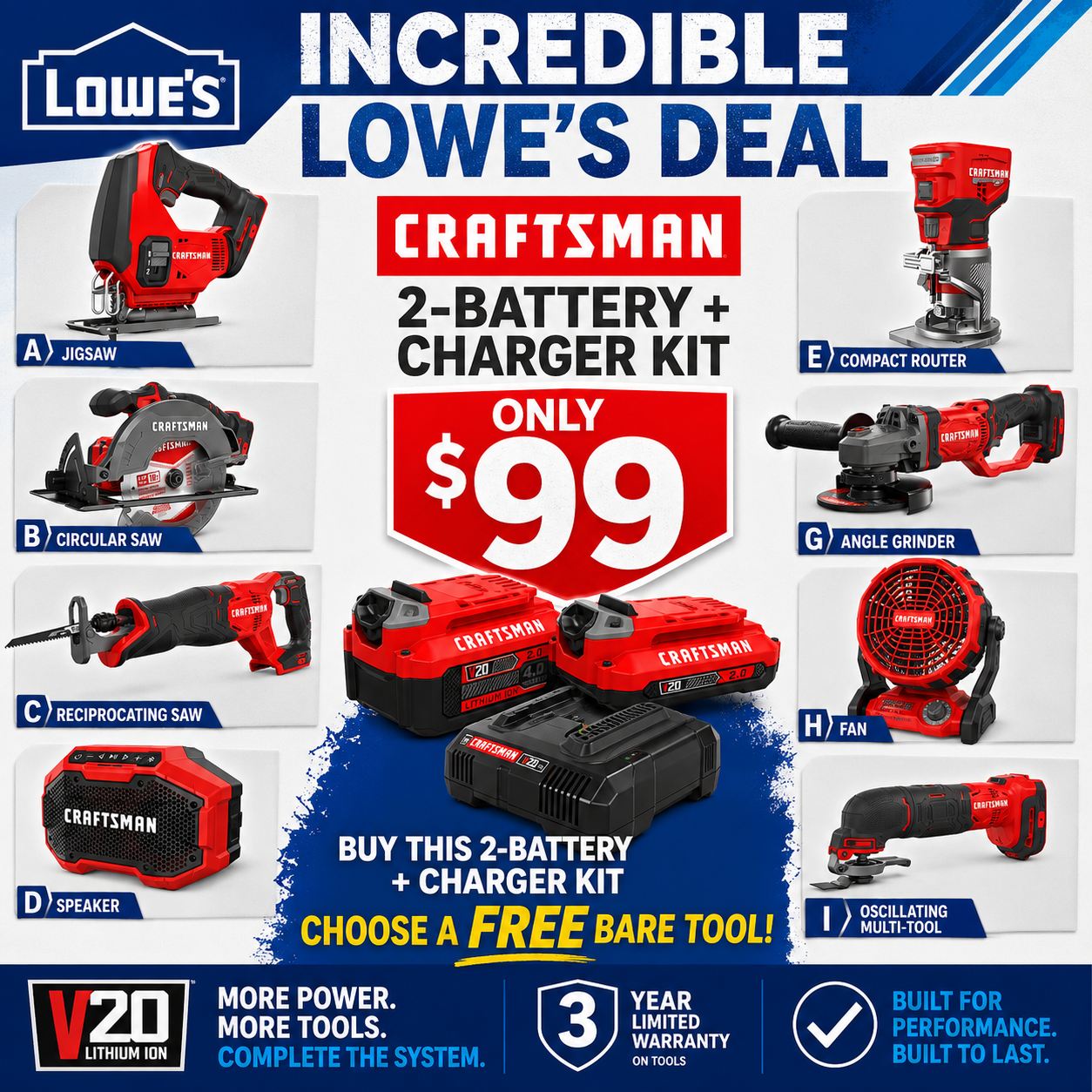 Craftsman V20 Battery Kit $99 Plus Free Tool Deal