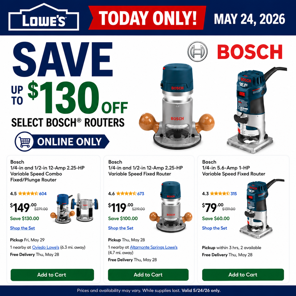 Today Only Save up to $130 Bosch Routers