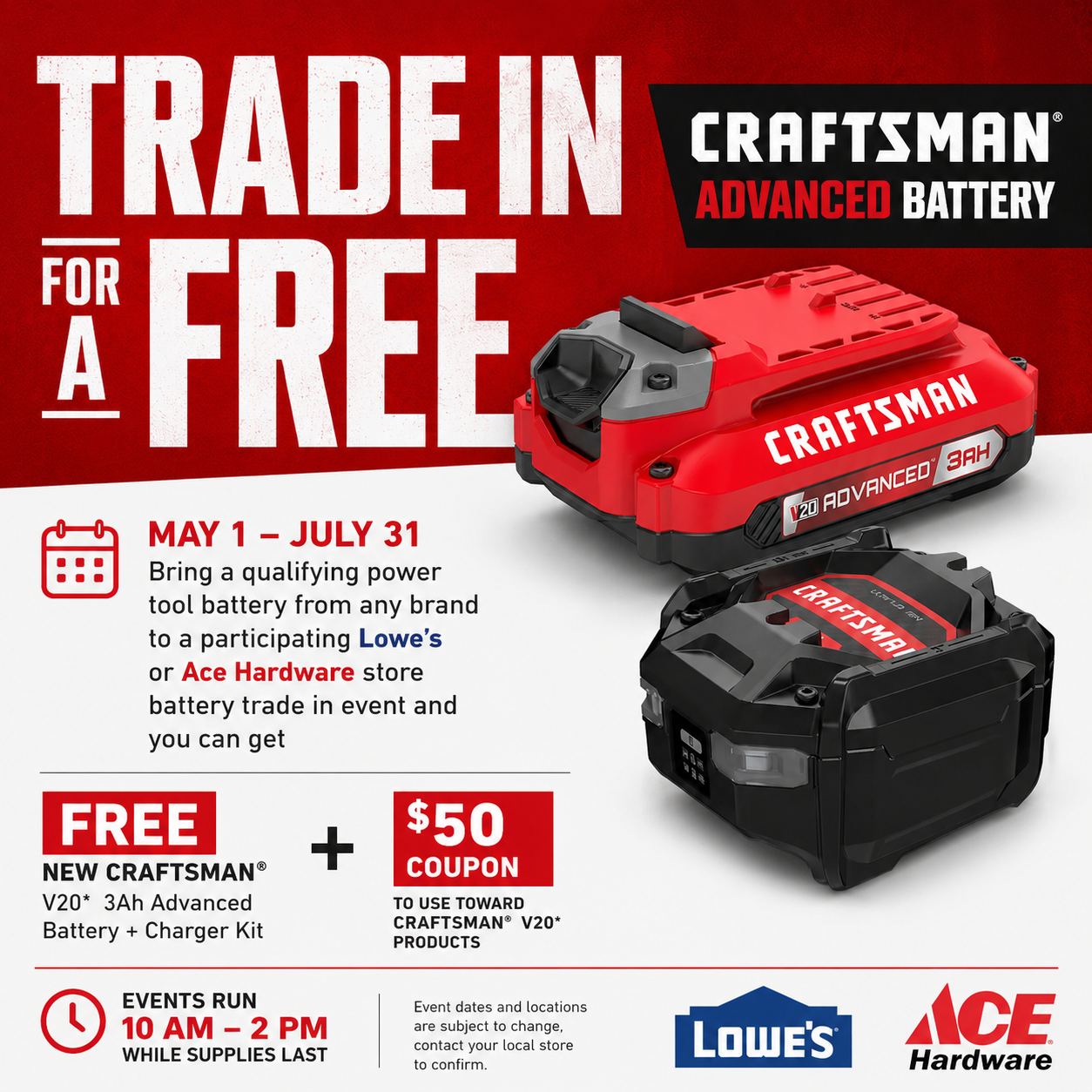 Free Craftsman V20 Battery Trade In Event Save $189