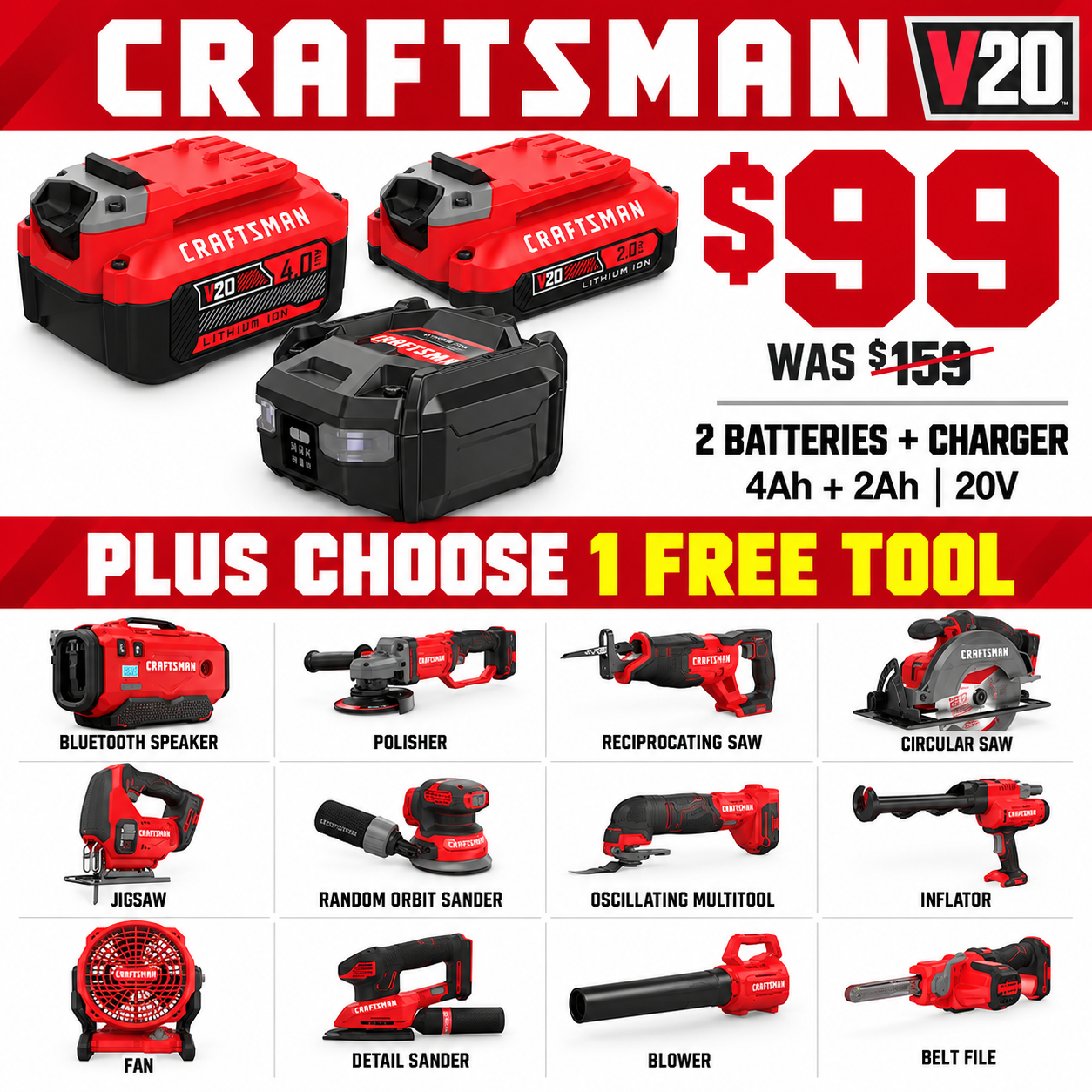 38% Off CRAFTSMAN V20 Battery Kit and Free Tool, Now $99