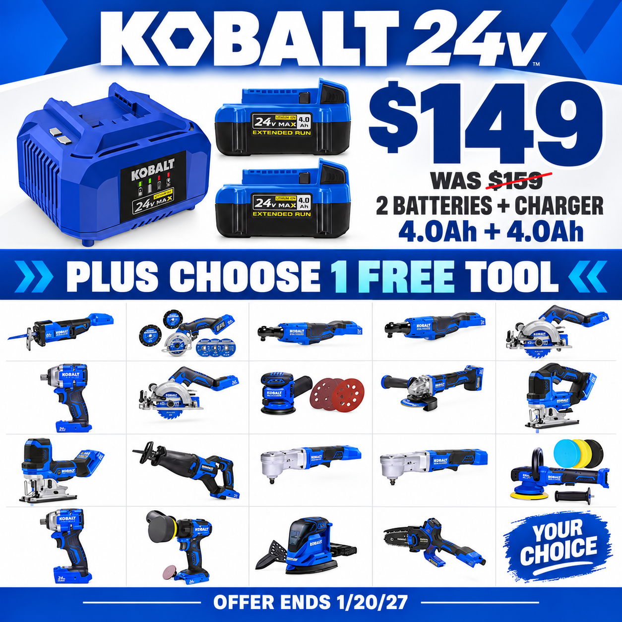 Kobalt 24V 4 Ah Battery 2 Pack and Free Tool, Now $149