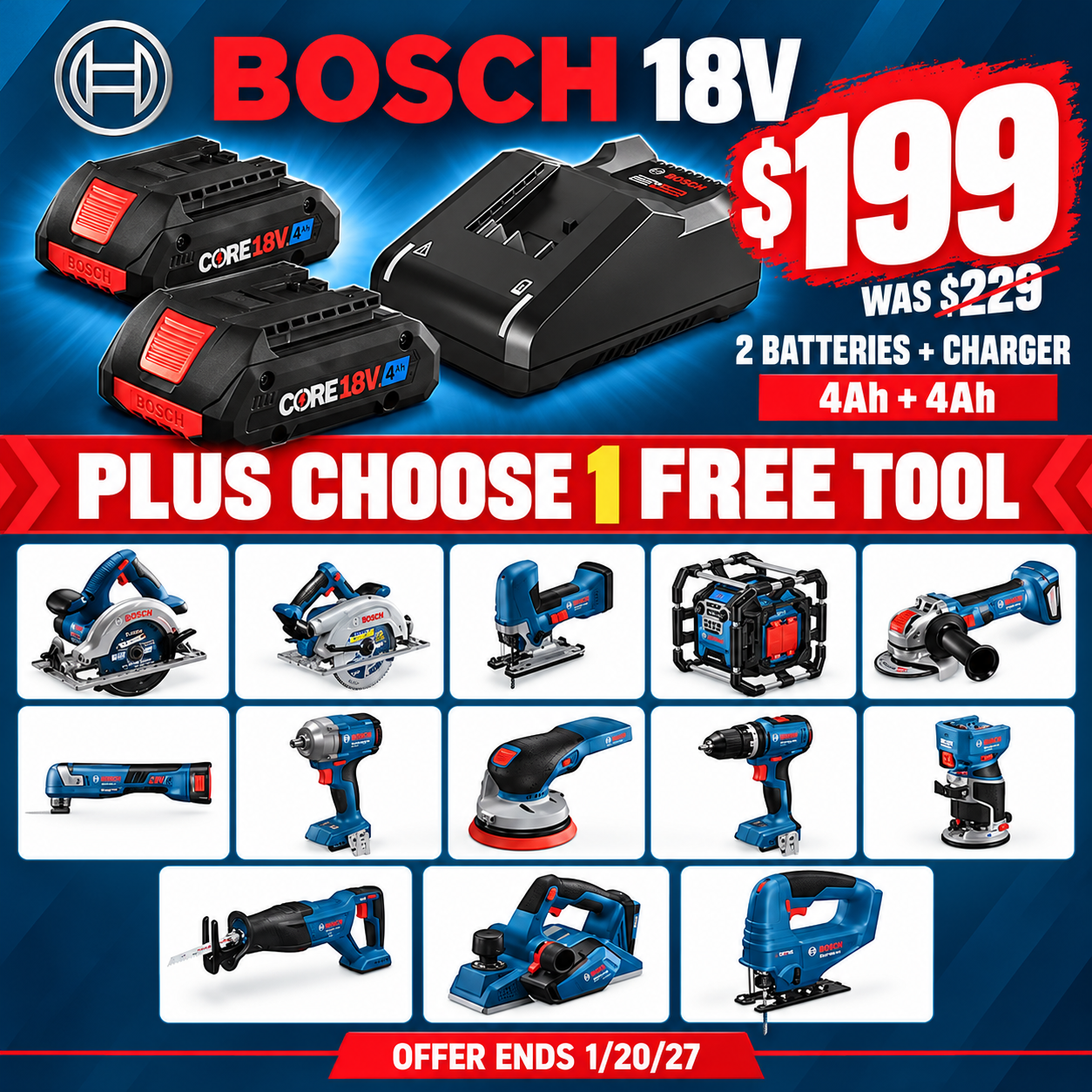 Bosch CORE18V 4 Ah Battery 2 Pack and Free Tool, Now $199