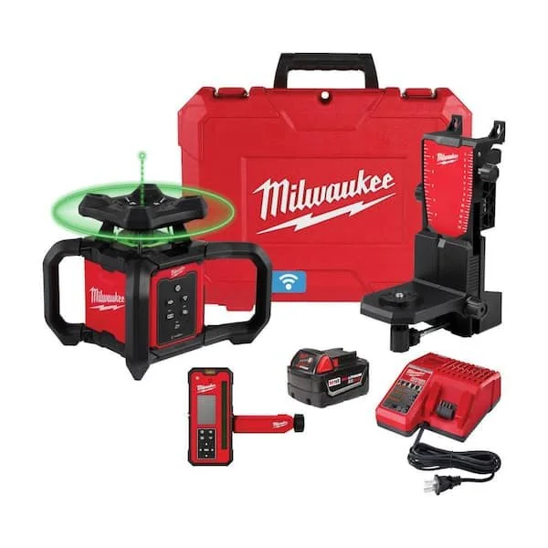 Milwaukee M18 1000 ft. Green Interior Rotary Laser Level Kit with remote/receiver, wall mount, and carrying case