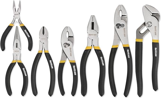 Hurricane 7 piece pliers set including groove joint slip joint linesman and diagonal pliers for home DIY.