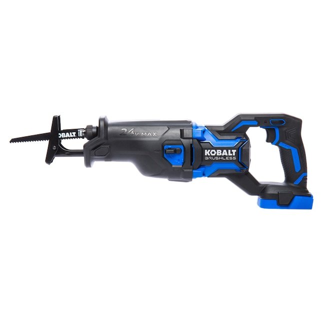 Kobalt XTR 24-volt variable speed brushless cordless reciprocating saw bare tool showing its blue and black design and orbital action switch