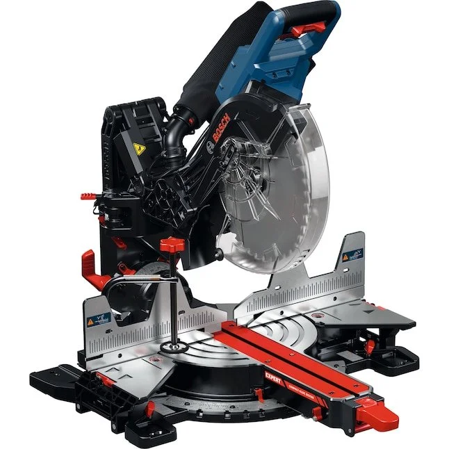 2026 Bosch miter saw with SquareLock fence, stainless steel miter scale, and upfront controls available at Lowe's for $100 less than previous version