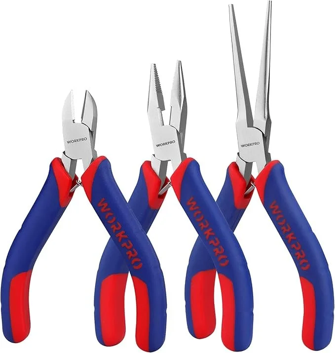 WORKPRO mini pliers set 3 piece with 4 inch diagonal plier, 5 inch long nose plier, and 6 inch needle nose plier for electronics, crafts, and model building