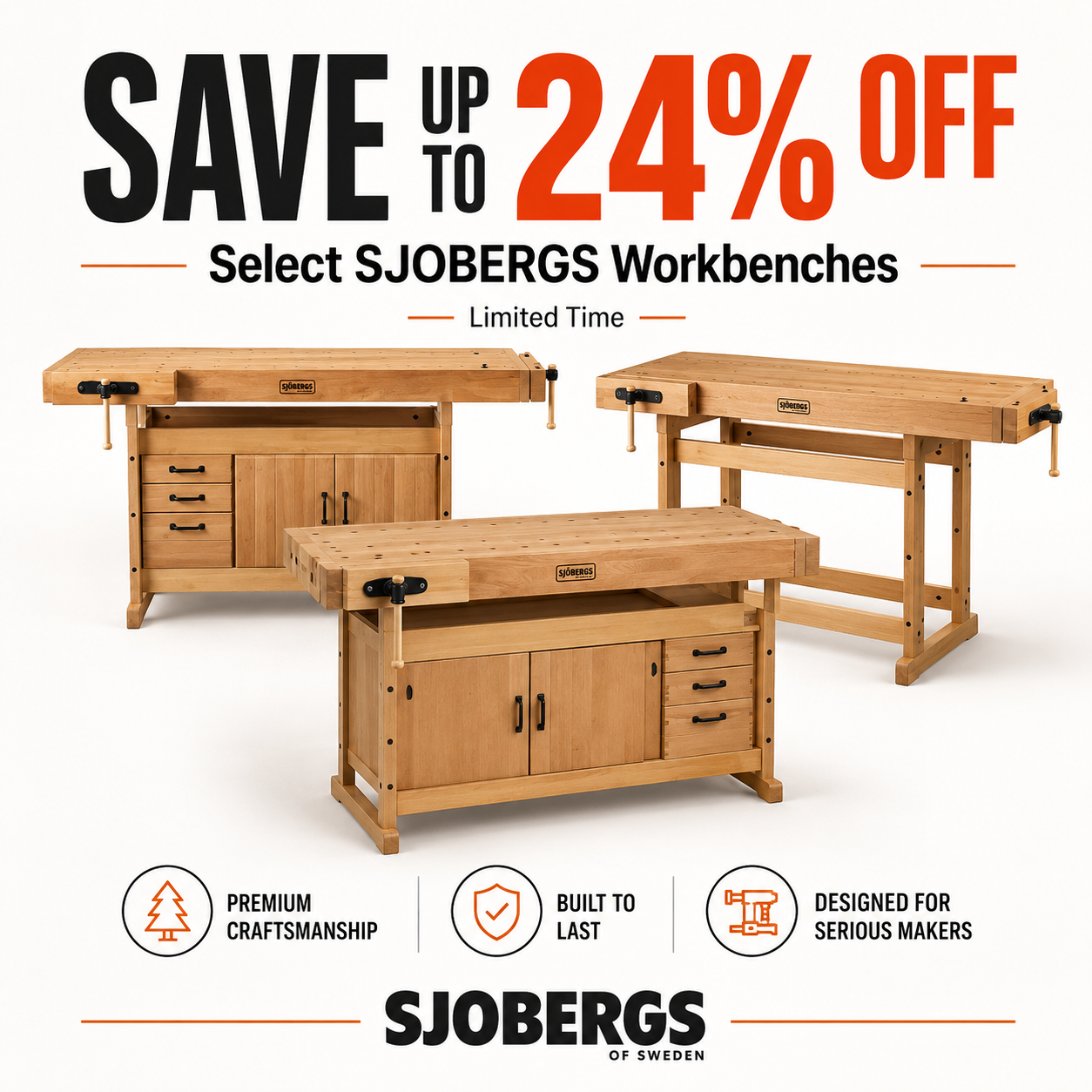 Sjobergs Scandi Plus solid beech wood woodworking workbench with integrated three drawer storage cabinet underneath showing two attached vises and bench dogs