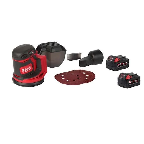 Milwaukee M18 18V cordless 5 inch random orbit sander shown with two M18 5.0 Ah batteries and a charger on a white background.