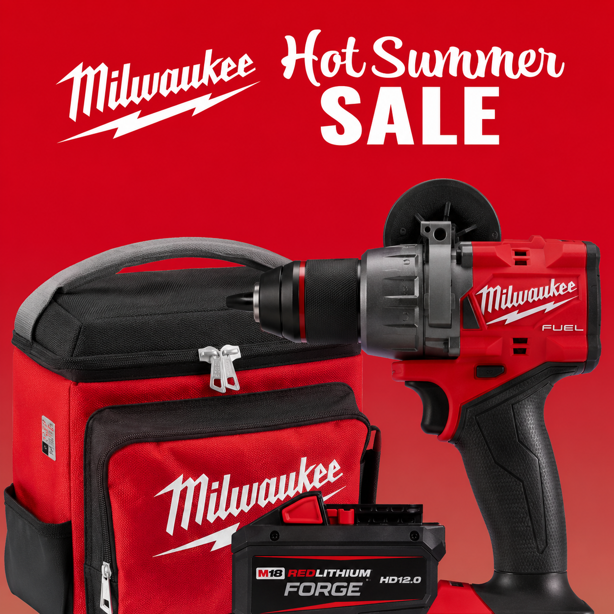 Milwaukee Hot Summer Sale at Acme Tools featuring Red Hot Deals on Milwaukee power tools, PACKOUT kits, M18 REDLITHIUM batteries, combo kits, tumblers, and outdoor equipment with free shipping over $199