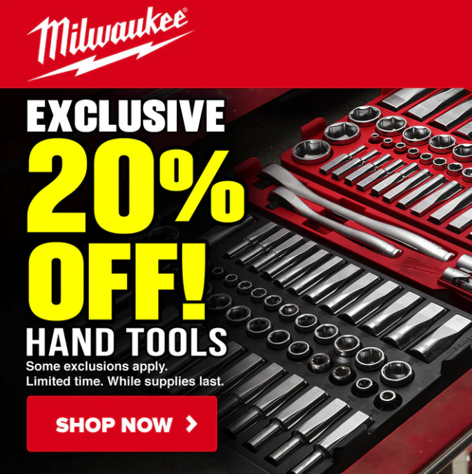 A collection of red and black Milwaukee hand tools arranged neatly on a workbench for a promotional 20% off sale.