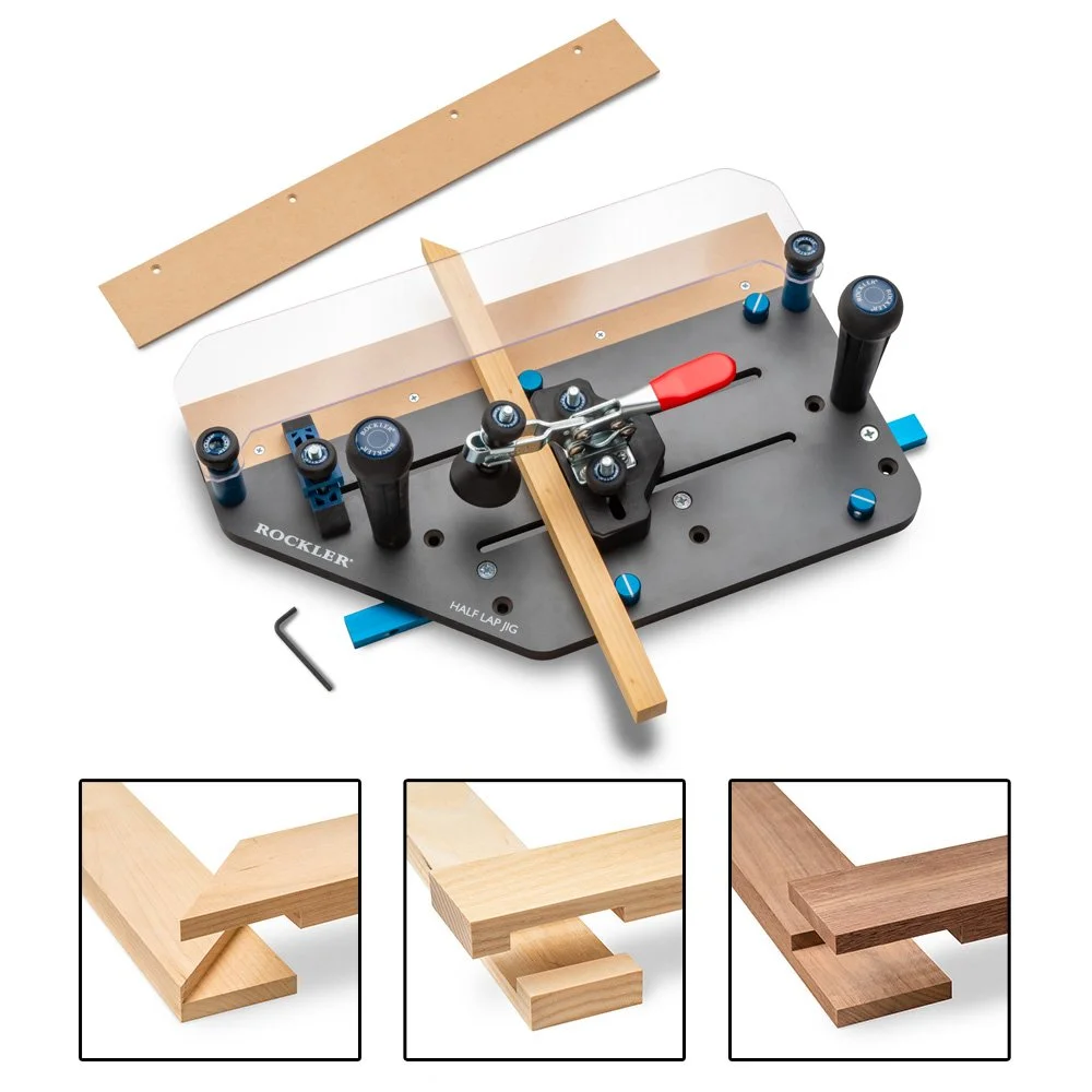 Rockler Router Table Half Lap Jig on sale for $93.99, $31 off, featuring 90 and 45 degree reference pins, toggle clamp, zero clearance inserts, and aluminum miter bar for cutting precision half lap and mitered half lap joints.
