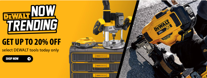 DeWalt power tools and accessories on a white background showing the 20% off trending sale items.