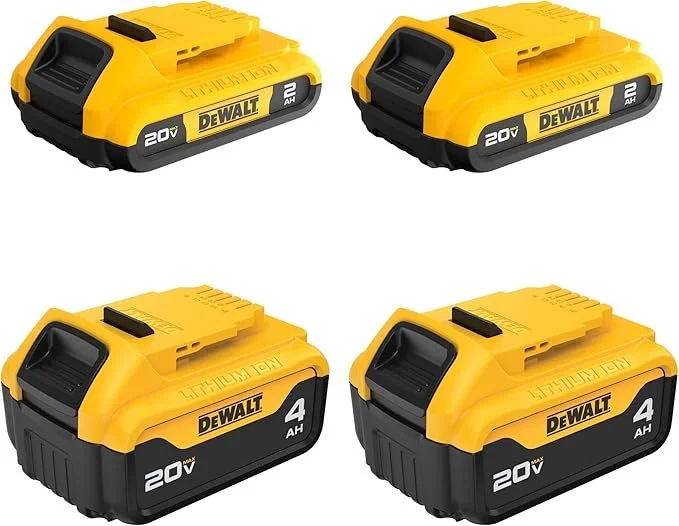 DEWALT 20V MAX Lithium Ion Battery 4 Pack DCB324-4 with two 2Ah compact and two 4Ah XR batteries with LED fuel gauge indicators on sale at Amazon