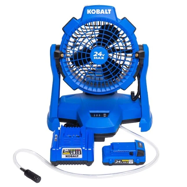 Kobalt 7 in high velocity battery powered misting floor fan in blue for indoor and outdoor shop cooling