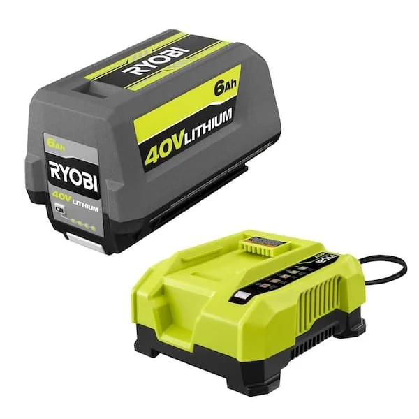 RYOBI 40V 6.0 Ah lithium ion battery and 6A rapid charger starter kit for cordless outdoor power equipment