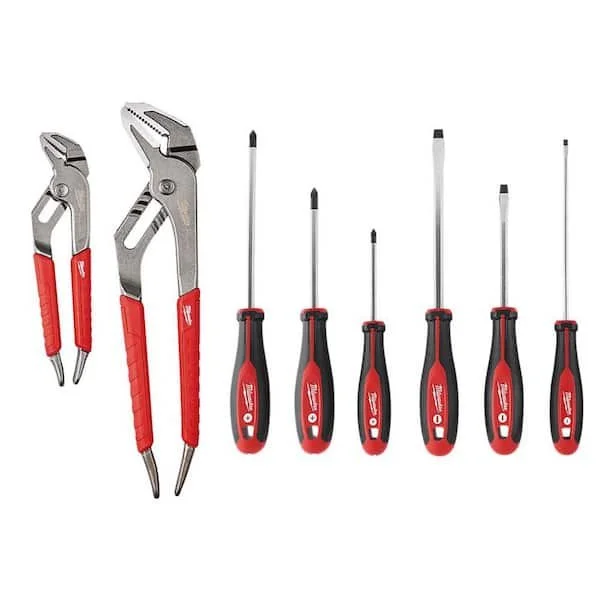 Milwaukee Multi Bit Screwdrivers and Pliers Hand Tool Set 8 Piece on sale at Home Depot for $39.97, 20% off, including REAM and PUNCH pliers and tri lobe handle Phillips and slotted screwdrivers.