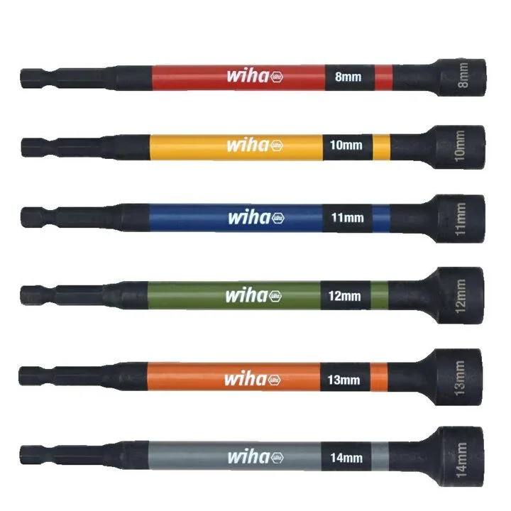 Wiha 6 piece color coded magnetic metric nut setter set with black oxide finish and various bright color bands on a white background.