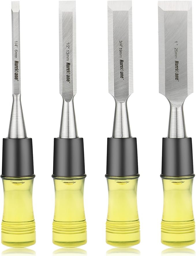 HURRICANE 4 piece wood chisel set in 1/4, 1/2, 3/4, and 1 inch sizes with blade guards