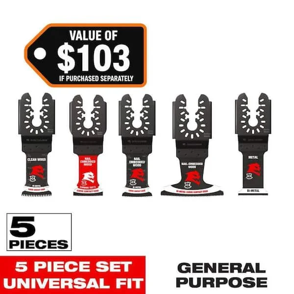 Diablo universal fit 5 piece bi metal and carbide oscillating multi tool blade set for wood, nail embedded wood, and metal cutting
