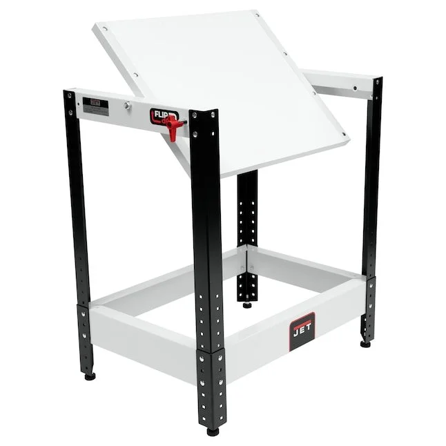JET flip top adjustable universal tool stand with 20 by 25 inch work surface for benchtop machines on sale at Lowe's for $299.99