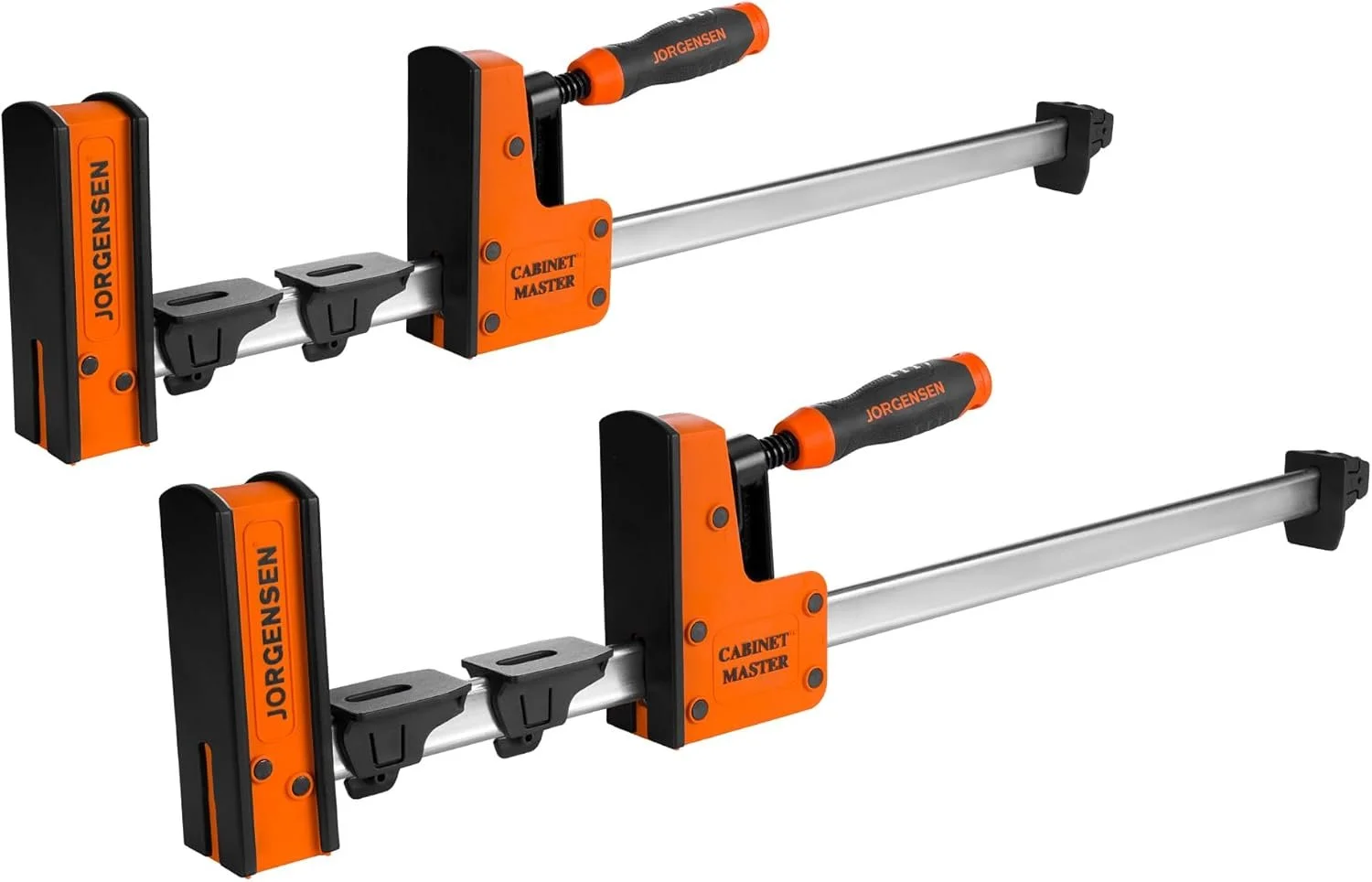 Two pack of JORGENSEN 24 inch parallel bar clamps with orange jaws and 2200 lbs clamping force for woodworking glue ups.