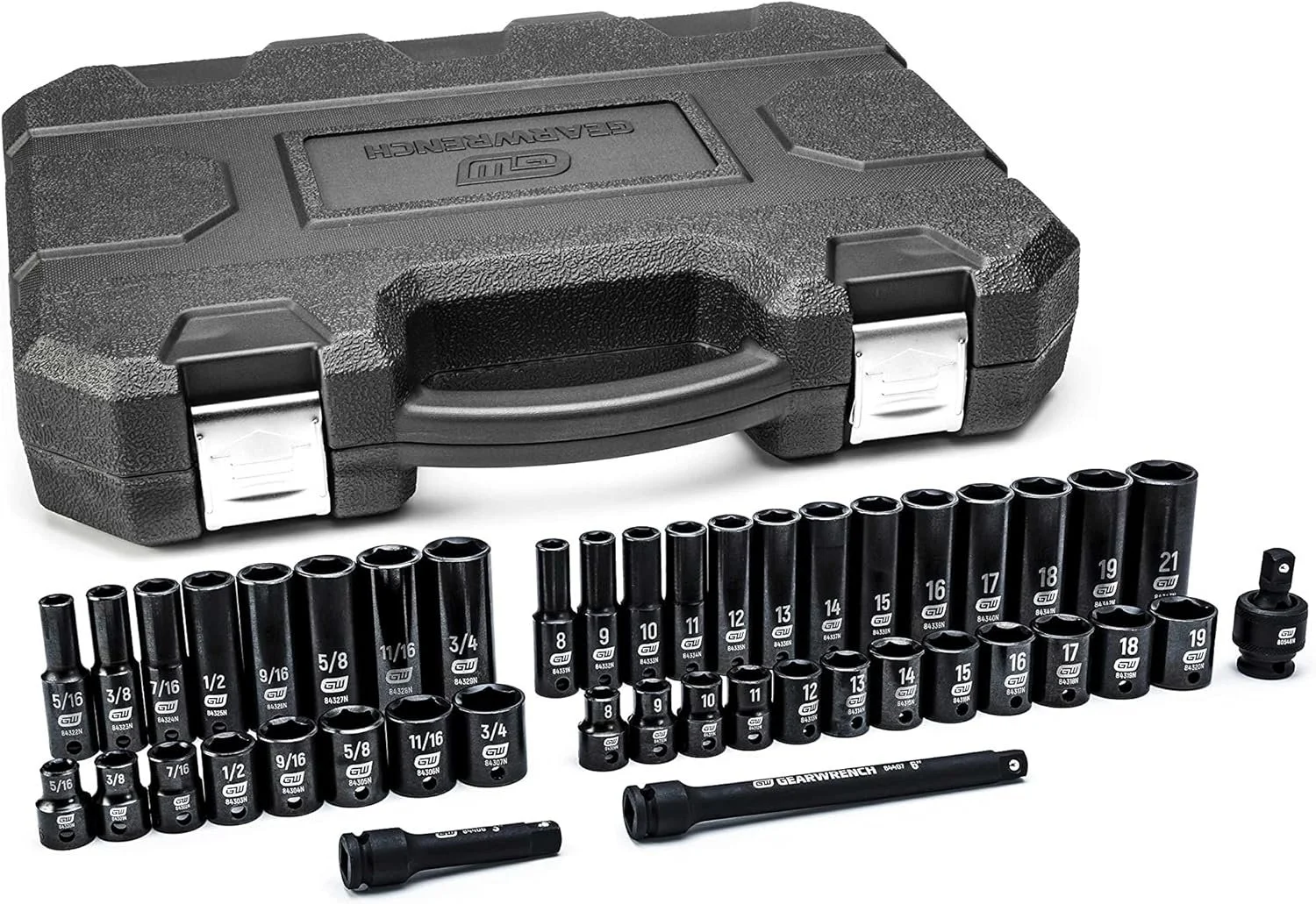GEARWRENCH 44 piece 3/8 inch drive impact socket set in a black heavy duty blow molded storage case showing SAE and metric sizes.