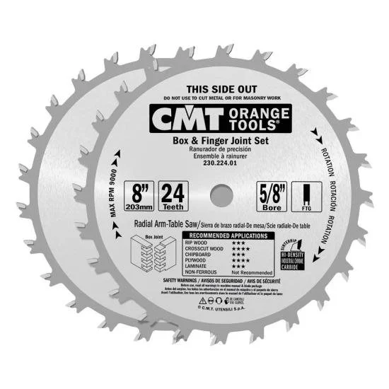 CMT Orange Tools 8 inch box and finger joint saw blade set with orange coating and silver carbide teeth.