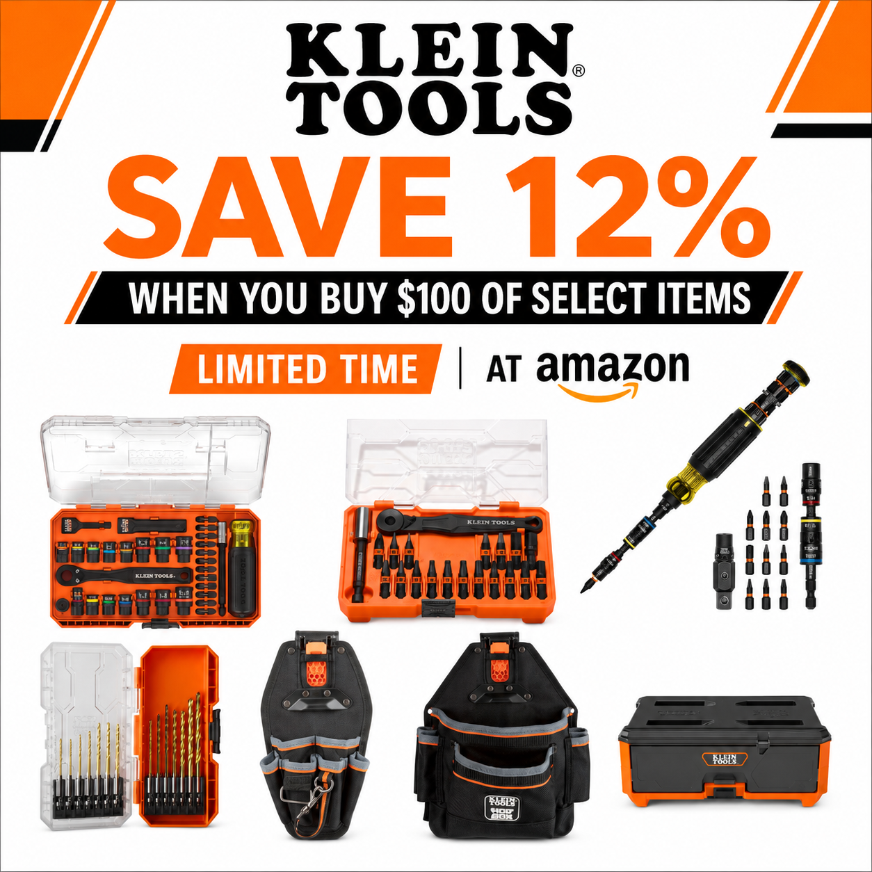 An assortment of professional Klein Tools hand tools including heavy duty linemans pliers cushion grip screwdrivers and wire strippers.