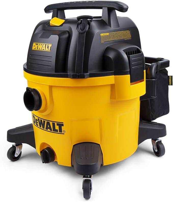 DEWALT 9 gallon yellow and black wet dry vacuum with 5 peak HP motor featuring rubberized casters and accessory storage bag.