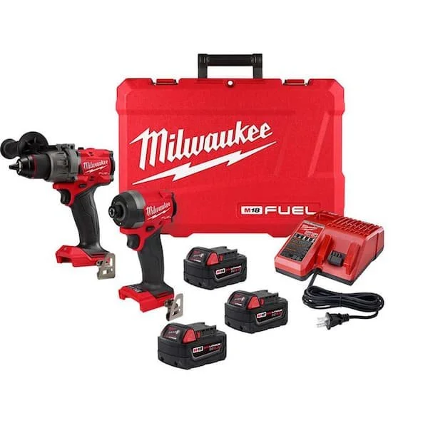 Milwaukee M18 FUEL 18V brushless cordless hammer drill and impact driver combo kit with three 5.0 Ah batteries, charger, and case on sale for $369 at Home Depot