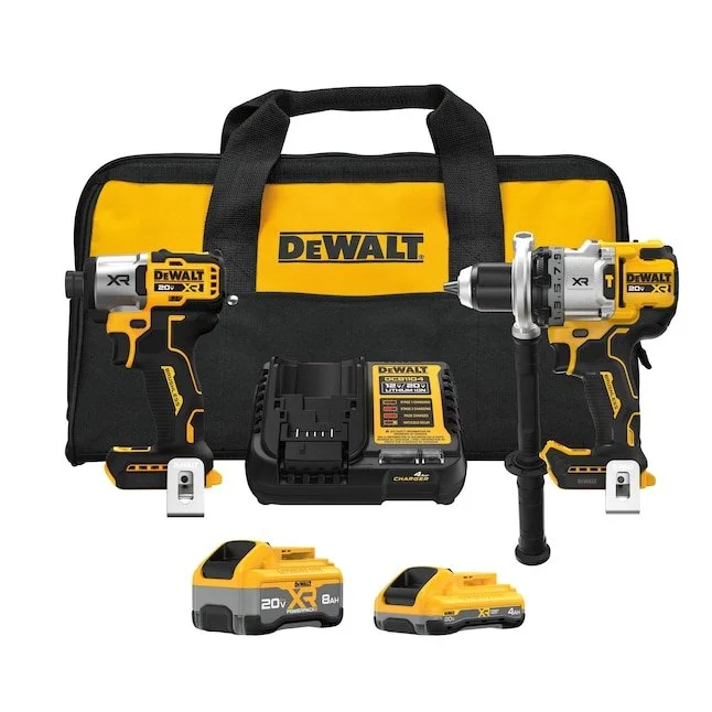 DEWALT 20V Max 2 Tool Brushless Power Tool Combo Kit with hammer drill, impact driver, two batteries, charger, and soft case on sale for $399