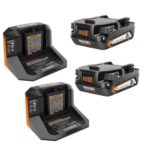 RIDGID 18V Lithium Ion 2.0 Ah battery and charger starter kit 2 pack with fuel gauge and smart chargers, on sale for $63, 74% off retail.
