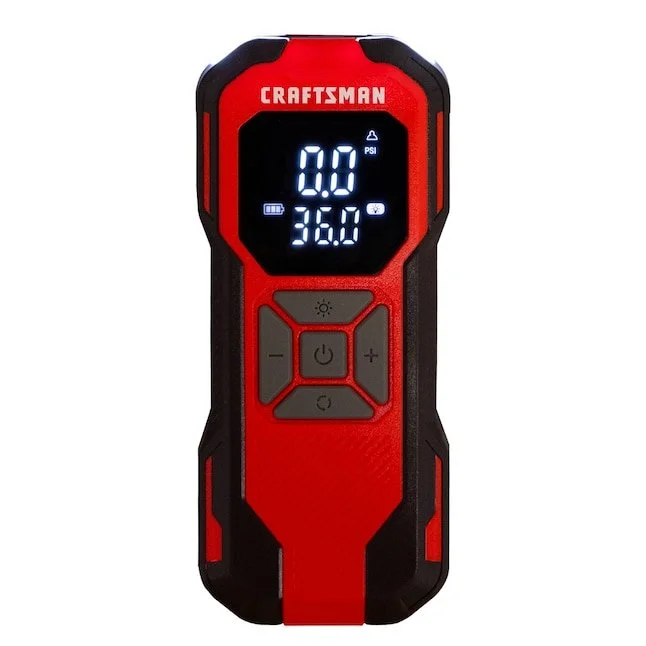 CRAFTSMAN 12V portable air inflator with digital gauge and preset modes for tire inflation.