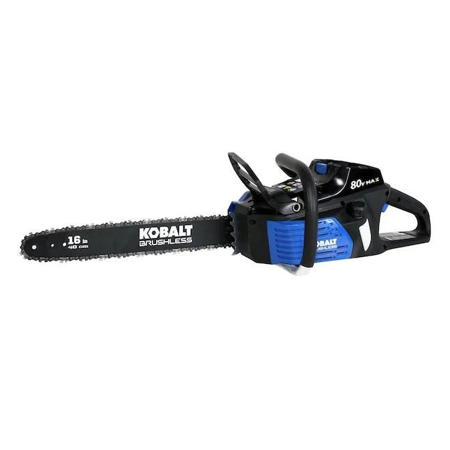 Kobalt 80-Volt 16 inch brushless cordless electric chainsaw bare tool on sale for $99 showing the blue body and wrap around metal handle.