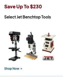 JET benchtop woodworking tools on sale at Rockler with up to $230 off and free shipping over $99 using code FREE99