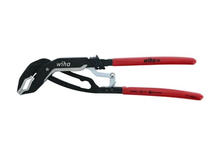 Wiha 10 inch Classic Auto Grip V Jaw Tongue and Groove Pliers with red vinyl grips shown with the free 3 piece magnetic nut setter set.