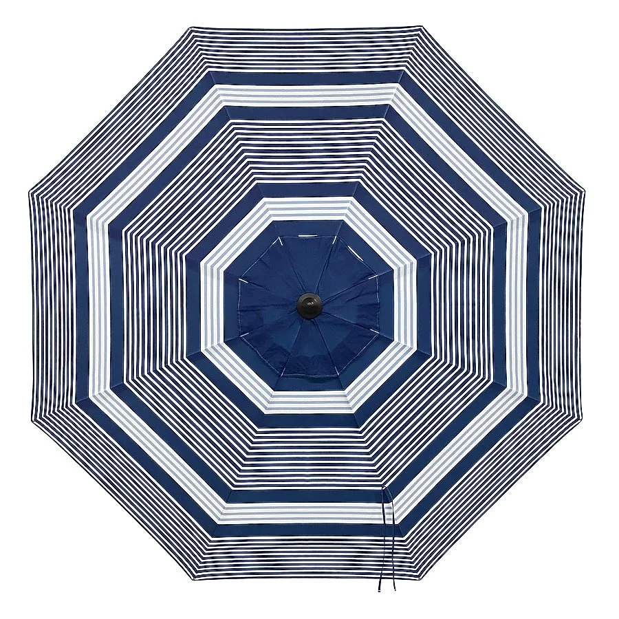 allen + roth 9 foot navy and white stripe aluminum auto tilt market patio umbrella with dark brown pole.